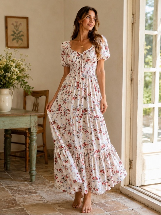 Kindred Dresses & Skirts - Kindred White Floral Tiered Maxi Dress Red Floral Print & Puff Sleeves